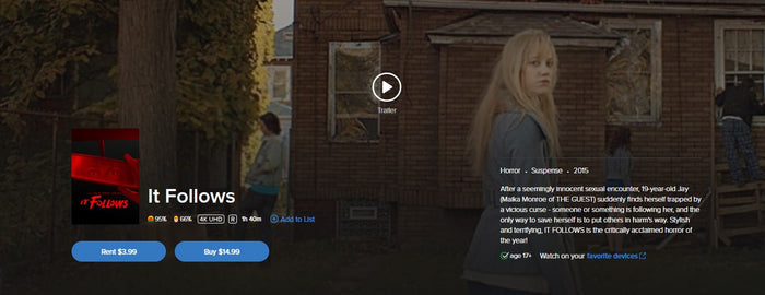 It Follows 4K Digital Code (2015) (Redeems in Movies Anywhere; 4K Vudu Fandango at Home & 4K iTunes Apple TV Transfer From Movies Anywhere)