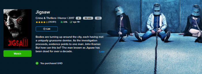 Jigsaw iTunes Apple TV 4K Digital Code (2017) (Redeems in iTunes Apple TV; 4K Vudu Fandango at Home Transfers Across Movies Anywhere)