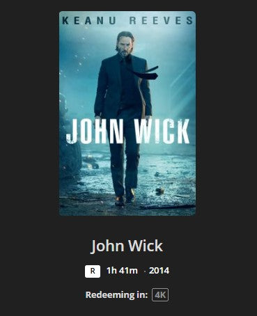 John Wick 4K Digital Code (2014) (Redeems in Movies Anywhere; 4K Vudu Fandango & 4K iTunes Apple TV Transfer From Movies Anywhere)