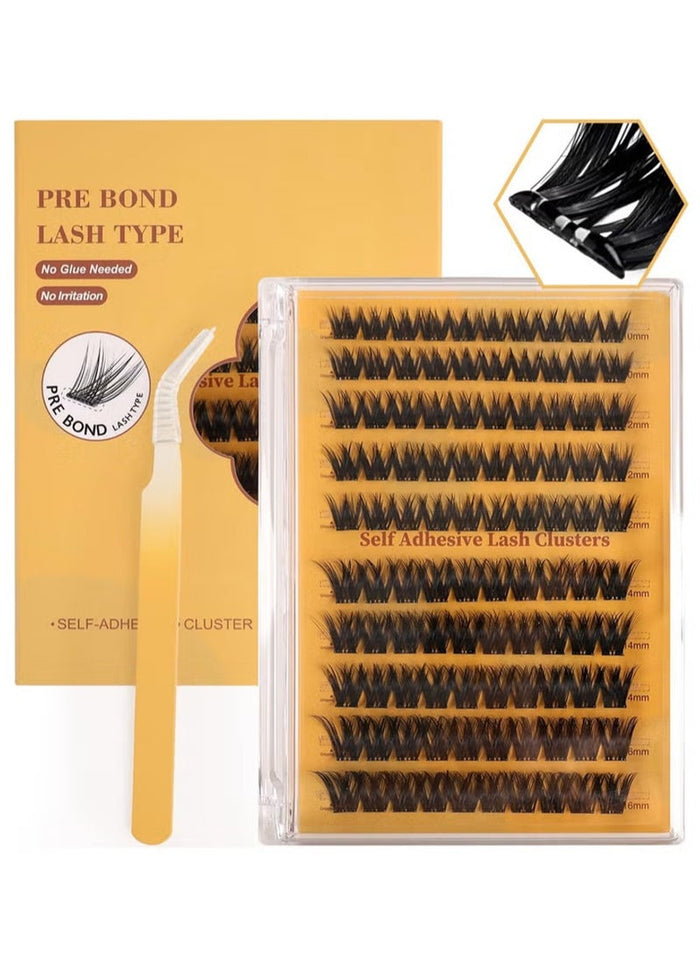 JOSQUEWNN Self Adhesive Eyelashes Clusters Kit, False Eyelashes D Curl Pre Glued Lash Clusters Wispy Lashes Kit with Tweezers for Beginners, Press On Glueless Lash Extension Kit 10 to 16mm , 100PCS