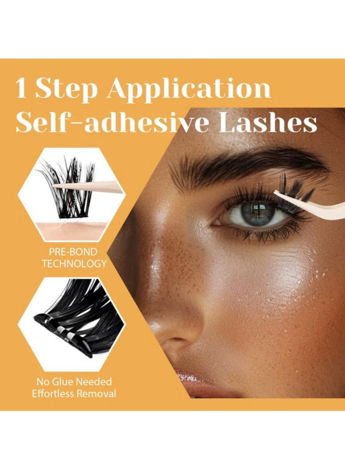 JOSQUEWNN Self Adhesive Eyelashes Clusters Kit, False Eyelashes D Curl Pre Glued Lash Clusters Wispy Lashes Kit with Tweezers for Beginners, Press On Glueless Lash Extension Kit 10 to 16mm , 100PCS