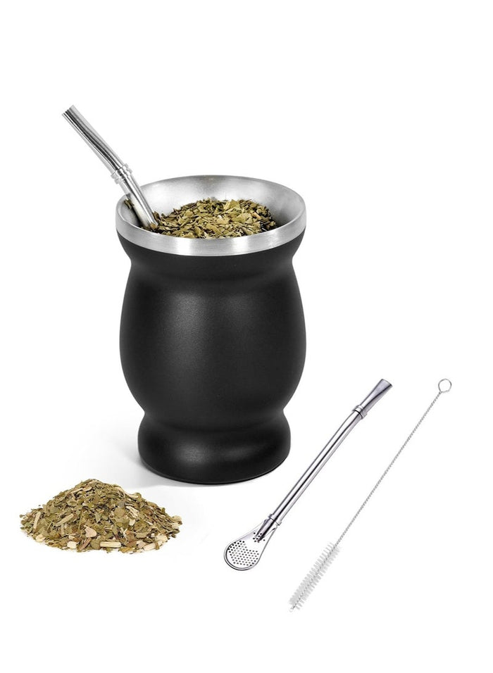 JoyousSto Yerba Mate Cup and Bombilla Kit, 8 oz Gourd Set, Double Walled 304 Stainless Steel Insulating Cup With Straw and Cleaning Brush, Easy to Clean Black