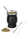 JoyousSto Yerba Mate Cup and Bombilla Kit, 8 oz Gourd Set, Double Walled 304 Stainless Steel Insulating Cup With Straw and Cleaning Brush, Easy to Clean Black