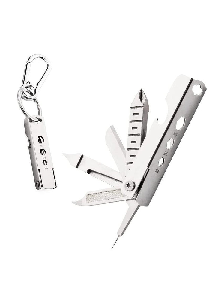 Keychain Multi-Tool, 11 in 1 Multi-Tool, Small Outdoor Gadgets, Screwdriver, Bottle Opener, Bicycle Spokes, etc, Birthday Gift (Silver)