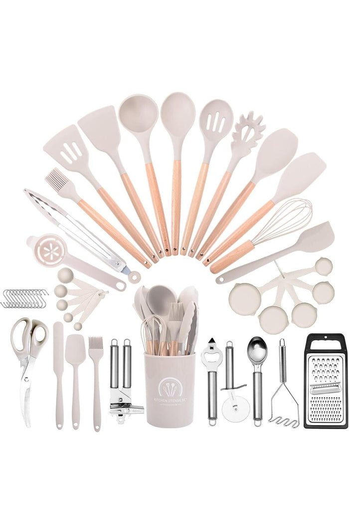 Kitchen Cooking Utensils Set, 46 pcs Non-Stick Silicone Spatula Set with Holder, Wooden Handle