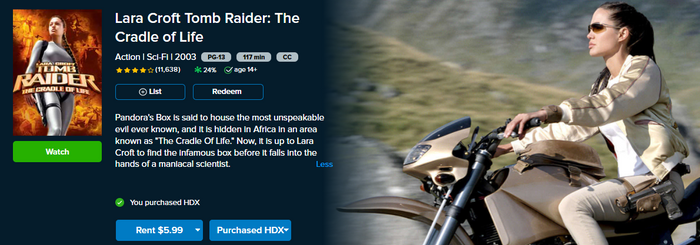 Lara Croft Tomb Raider: The Cradle of Life Vudu HDX Digital Code (2003)