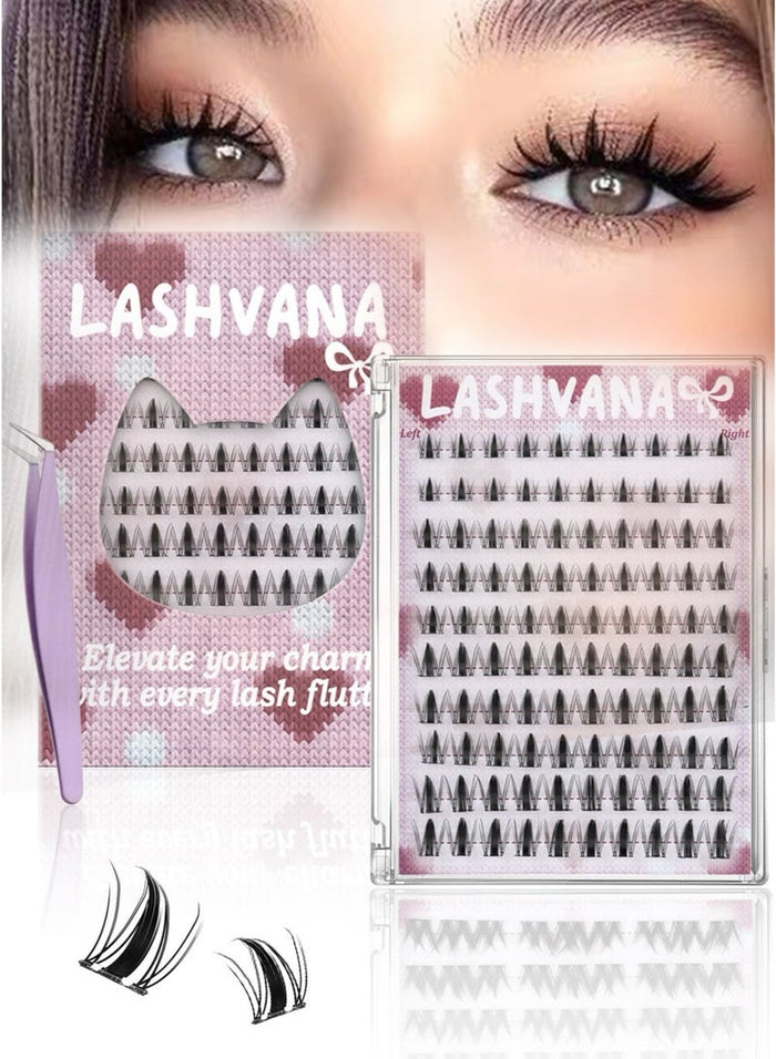 lashvana 100pcs Self Adhesive False Eyelashes Clusters Kit, 10 Rows Comic-style single-cluster Self Adhesive DIY Cluster Kit With Tweezers For Beginners, Press On Glueless Individual Lashes DIY Eyelashes.