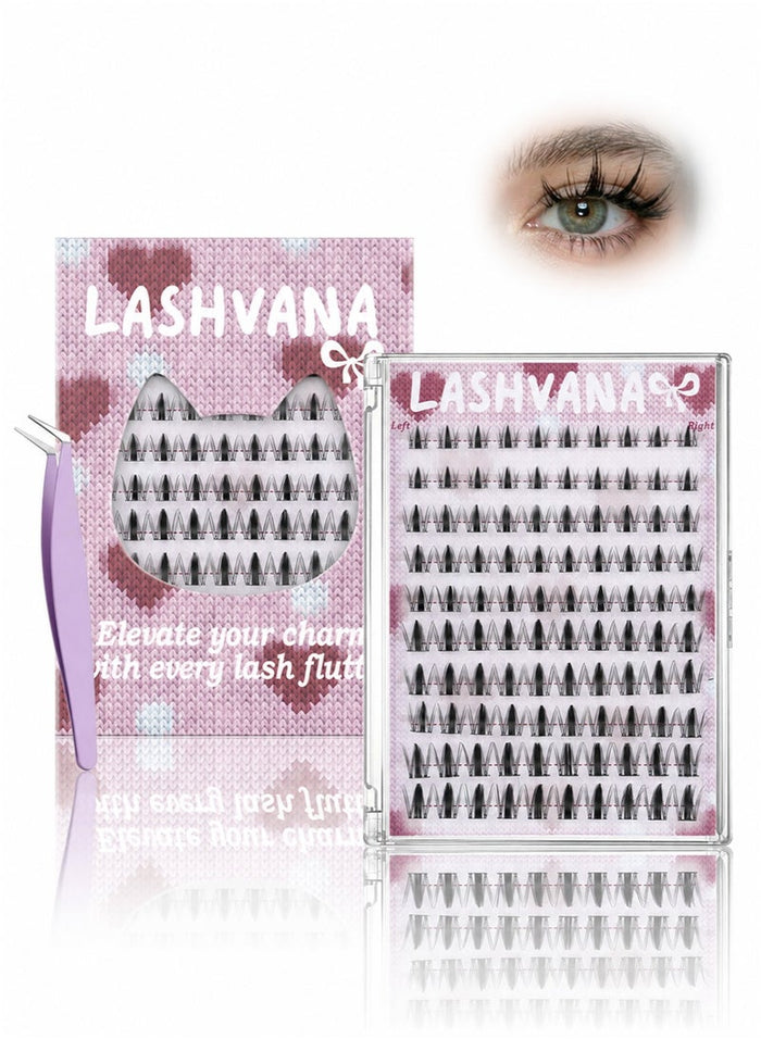 lashvana 100pcs Self Adhesive False Eyelashes Clusters Kit, 10 Rows Comic-style single-cluster Self Adhesive DIY Cluster Kit With Tweezers For Beginners, Press On Glueless Individual Lashes DIY Eyelashes.