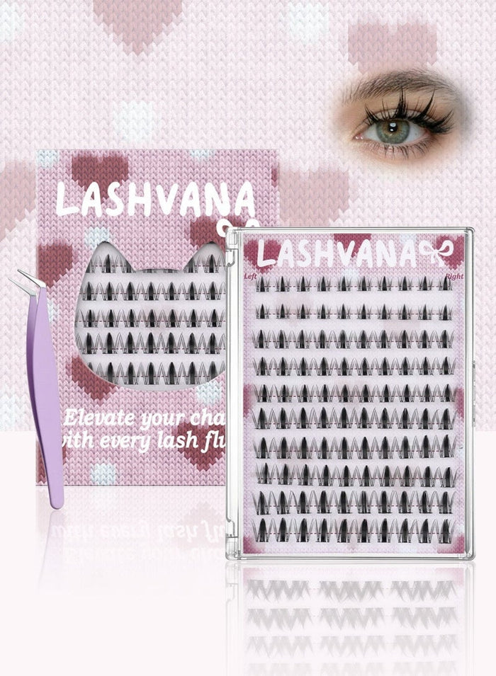 lashvana 100pcs Self Adhesive False Eyelashes Clusters Kit, 10 Rows Comic-style single-cluster Self Adhesive DIY Cluster Kit With Tweezers For Beginners, Press On Glueless Individual Lashes DIY Eyelashes.