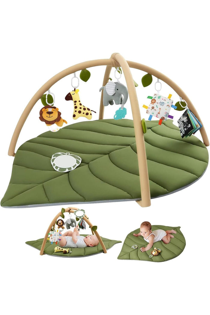 Leaf Shaped Baby Play Mat, Tummy Time Mat with 6 Detachable Toys for Sensory & Motor Skill D