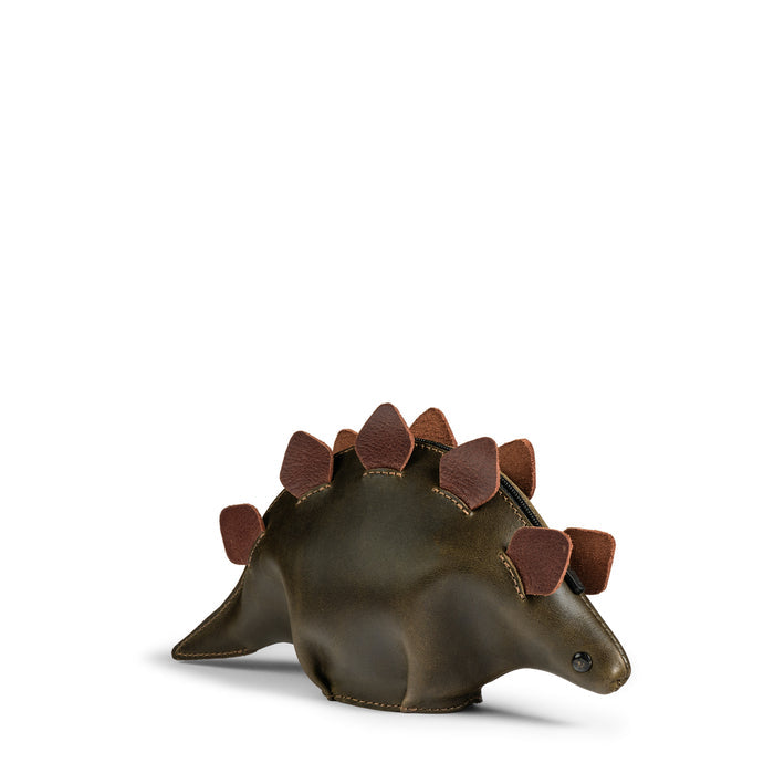 The Leather Dinosaur Stegosaurus Pouch by Tudi Frudi showcases a unique dino-shaped design, perfect as a small accessory case, cable organizer, or zippered cash holder wallet for coins. This handmade pouch, crafted using small batch production techniques in La Antigua Guatemala and Oaxaca Mexico, is ideal for both men and women.