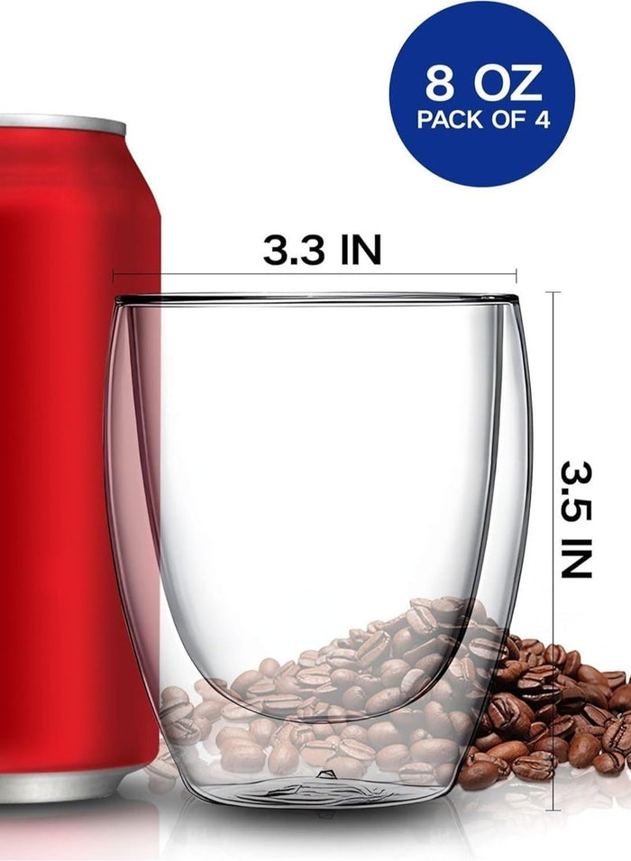 LIMOS Double Wall Glass Coffee Cups 250ml – Set of 4 Insulated Borosilicate Mugs for Hot & Cold Drinks | Latte, Cappuccino, Espresso, Tea, Juice, Water – Clear Glass Cups for Home & Office