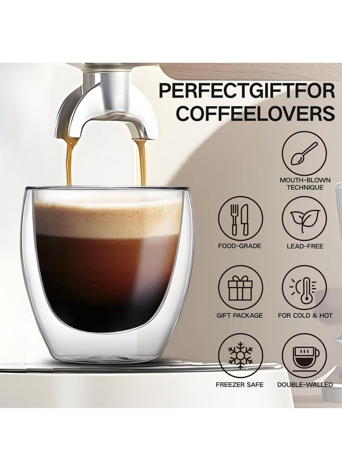 LIMOS Double Wall Glass Coffee Cups 250ml – Set of 4 Insulated Borosilicate Mugs for Hot & Cold Drinks | Latte, Cappuccino, Espresso, Tea, Juice, Water – Clear Glass Cups for Home & Office