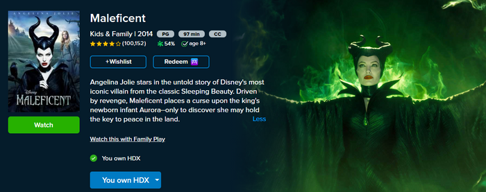 Maleficent Google TV HD Digital Code (Redeems in Google TV; HD Movies Anywhere & HDX Vudu & HD iTunes Transfer Across Movies Anywhere)