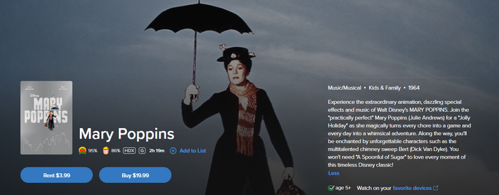 Mary Poppins HD Digital Code (1964) (Redeems in Movies Anywhere; HDX Vudu Fandango & HD iTunes Apple TV Transfer From Movies Anywhere)