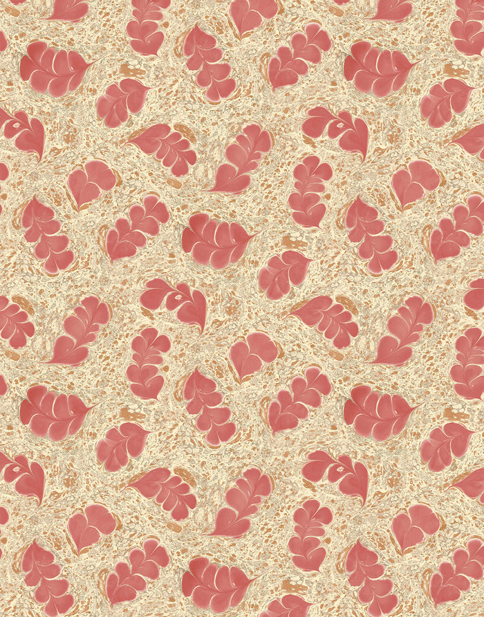 Patterned wallpaper with pink leaves on a beige background.