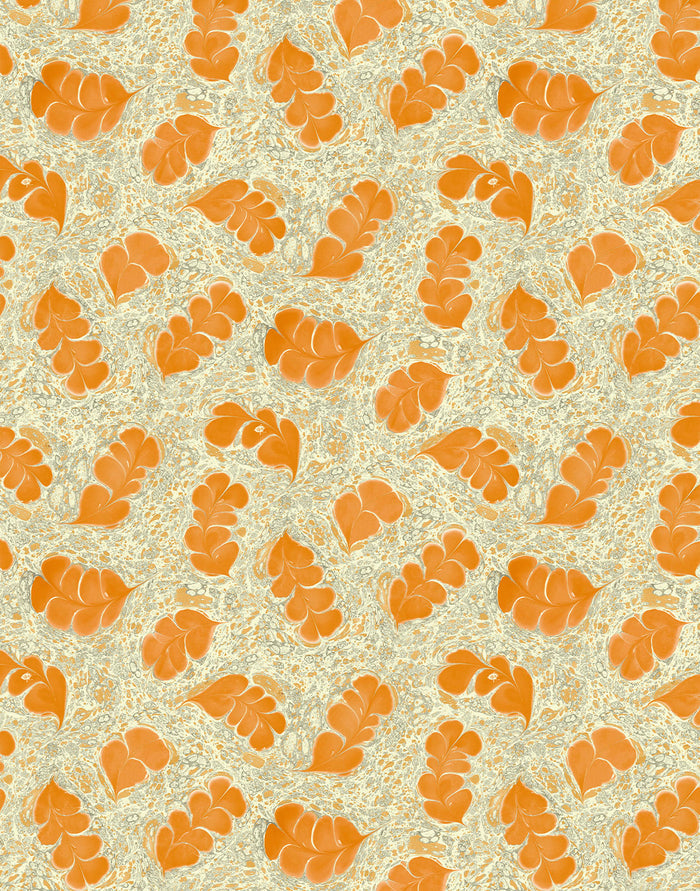 Patterned wallpaper with orange leaves on a beige background.