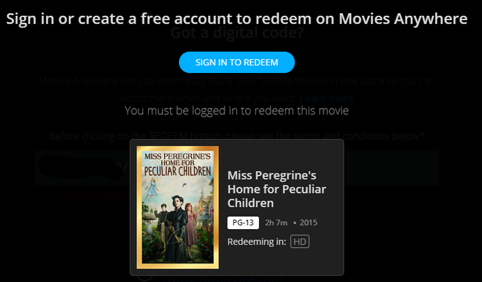 Miss Peregrine's Home For Peculiar Children HD Digital Code (Redeems in Movies Anywhere; HDX Vudu & HD iTunes & HD Google TV Transfer From Movies Anywhere)