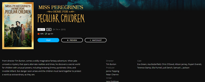 Miss Peregrine's Home For Peculiar Children HD Digital Code (Redeems in Movies Anywhere; HDX Vudu & HD iTunes & HD Google TV Transfer From Movies Anywhere)