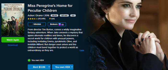 Miss Peregrine's Home For Peculiar Children HD Digital Code (Redeems in Movies Anywhere; HDX Vudu & HD iTunes & HD Google TV Transfer From Movies Anywhere)
