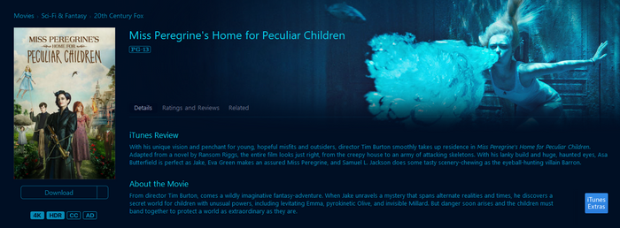 Miss Peregrine's Home For Peculiar Children iTunes 4K Digital Code (Redeems in iTunes; UHD Vudu & HD Google TV Transfer Across Movies Anywhere)