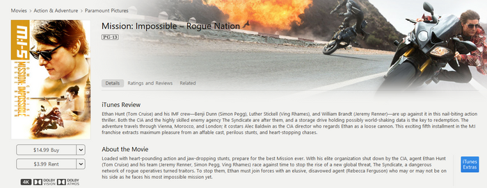 Mission: Impossible - Rogue Nation iTunes Apple TV 4K Digital Code (2015)
