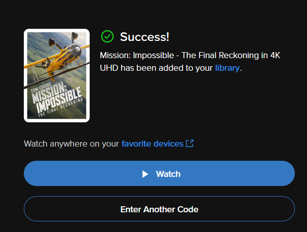 Mission: Impossible - The Final Reckoning Vudu Fandango at Home 4K Digital Code (2025)