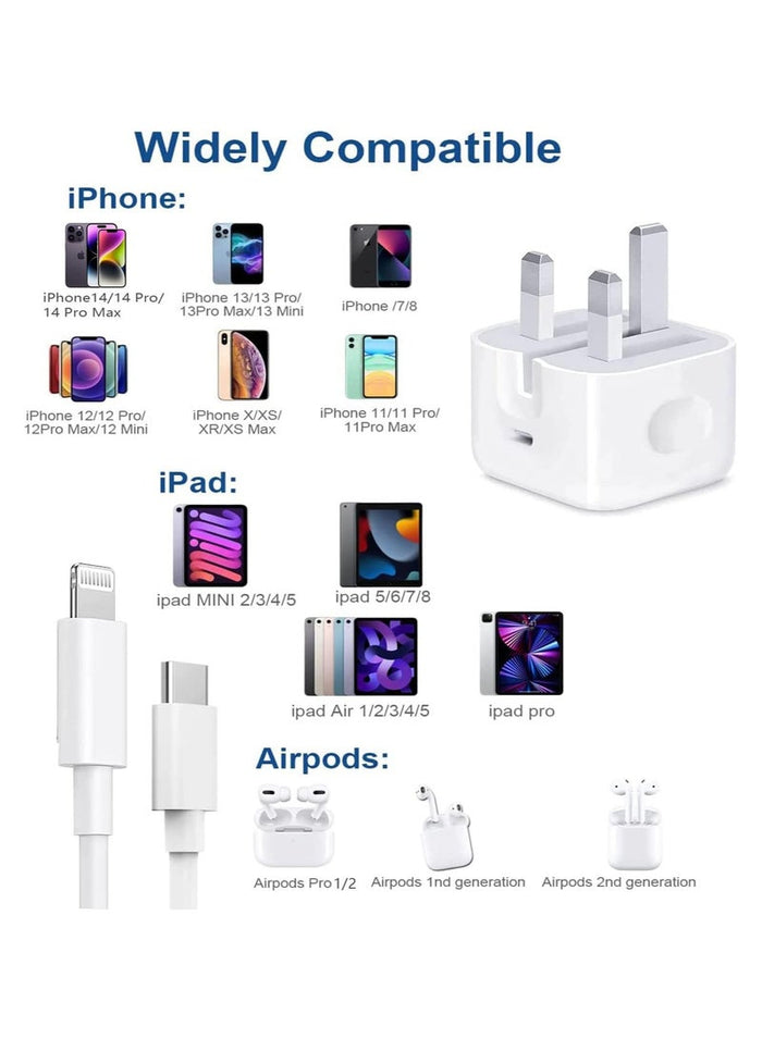 MMG iPhone 20W Fast Charger | USB C Wall Fast Charger with 1m USB C to Lightning Cable Compatible wi