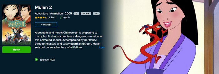Mulan 2 HD Digital Code (2005) (Redeems in Movies Anywhere; HDX Vudu Fandango & HD iTunes Apple TV Transfer From Movies Anywhere)
