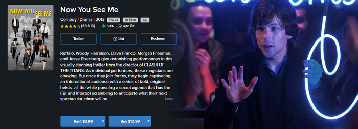 Now You See Me HD Digital Code (2013 Theatrical Version) (Redeems in Movies Anywhere; HDX Vudu Fandango at Home & HD iTunes Apple TV Transfer From Movies Anywhere)