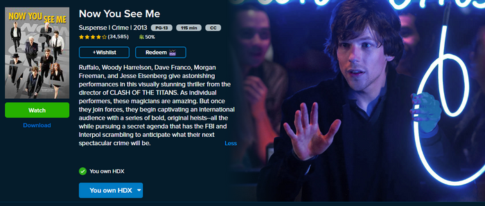 Now You See Me HD Digital Code (2013 Theatrical Version) (Redeems in Movies Anywhere; HDX Vudu Fandango at Home & HD iTunes Apple TV Transfer From Movies Anywhere)