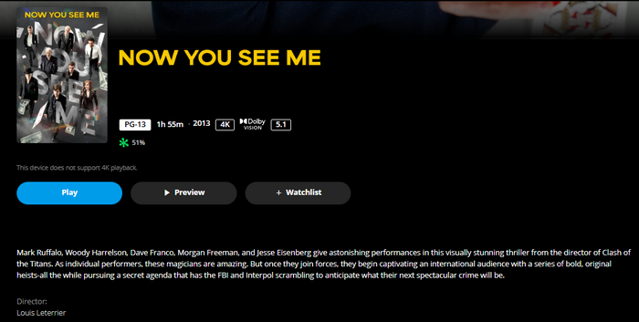 Now You See Me iTunes Apple TV 4K Digital Code (2013 Theatrical) (Redeems in iTunes Apple TV; 4K Vudu Fandango at Home Transfers Across Movies Anywhere)