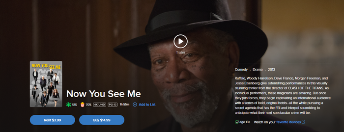 Now You See Me iTunes Apple TV 4K Digital Code (2013 Theatrical) (Redeems in iTunes Apple TV; 4K Vudu Fandango at Home Transfers Across Movies Anywhere)