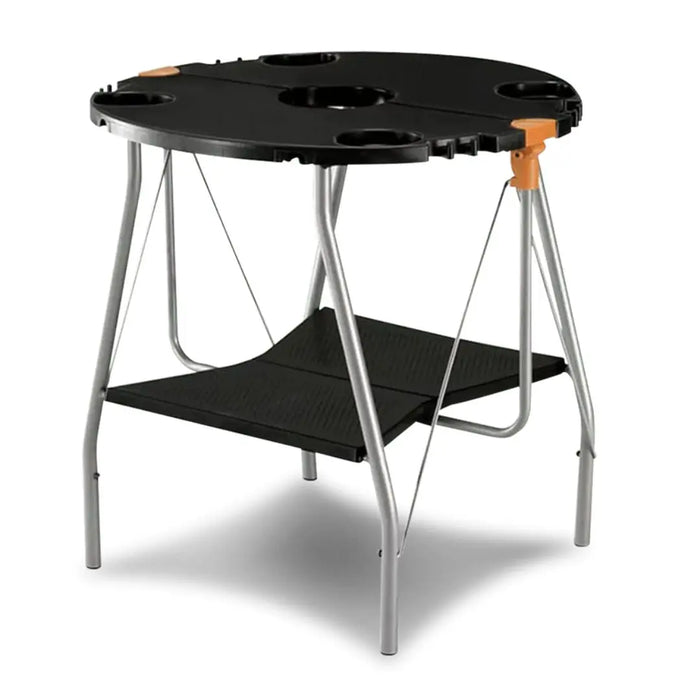 Portable folding bbq table with bottom shelf on a white background