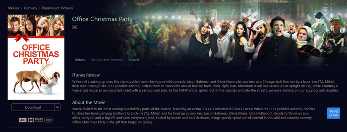 Office Christmas Party Theatrical + Unrated Versions iTunes Apple TV 4K Digital Code (2016)