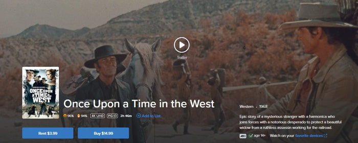 Once Upon a Time in the West Vudu Fandango at Home 4K Digital Code (1968)