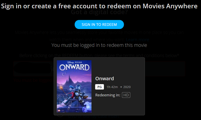 Onward HD Digital Code (Redeems in Movies Anywhere; HDX Vudu & HD iTunes & HD Google TV Transfer From Movies Anywhere)