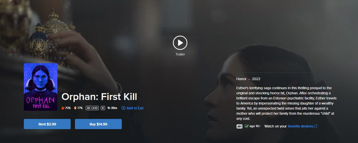 Orphan: First Kill Vudu Fandango at Home 4K Digital Code (2022)