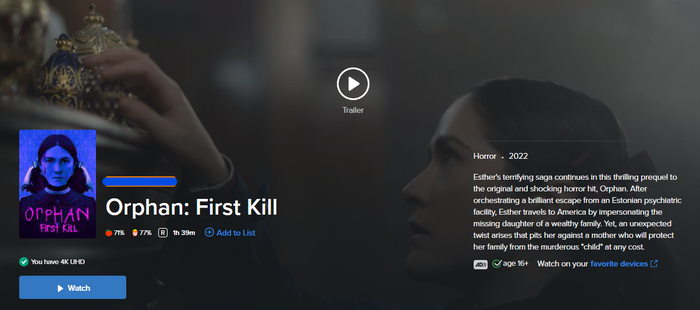 Orphan: First Kill Vudu Fandango at Home 4K Digital Code (2022)