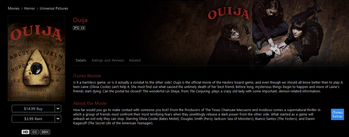 Ouija iTunes HD Digital Code (2014) (Redeems in iTunes; HDX Vudu & HD Google TV Transfer Across Movies Anywhere)