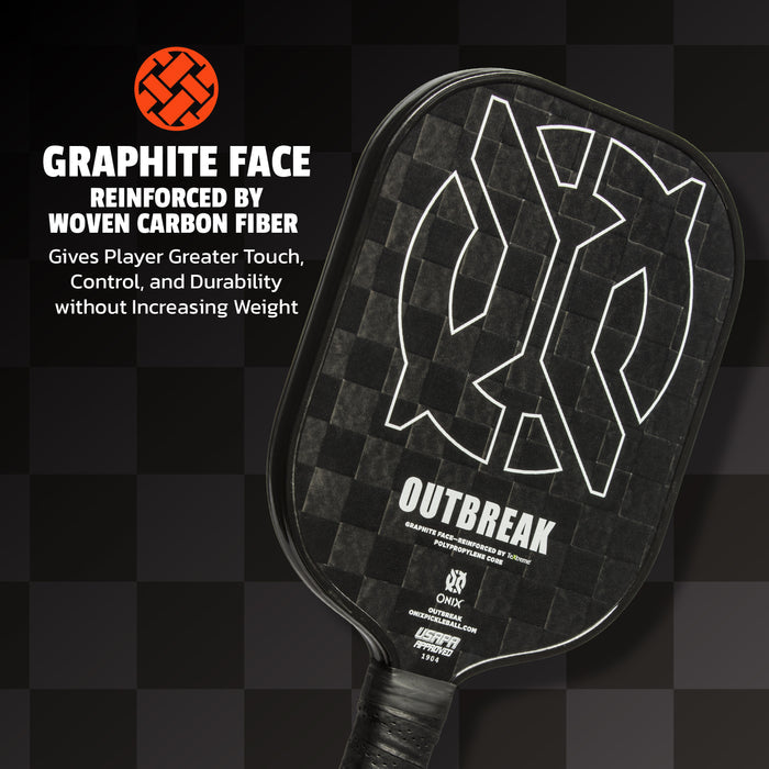 Pickleball paddle with 'Outbreak' branding on a black checkered background