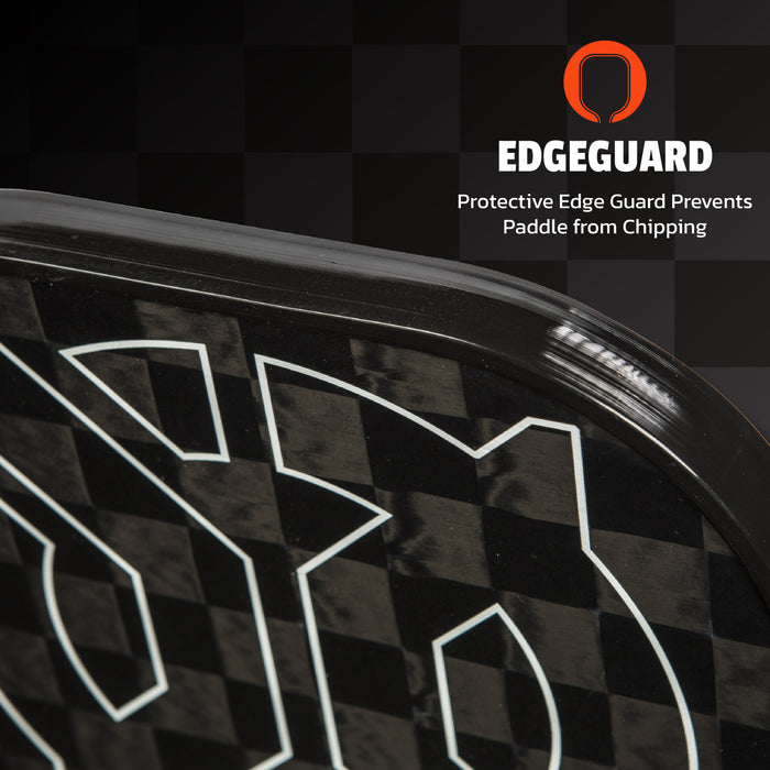Close-up of a carbon fiber paddle with Edgeguard branding and text on a black background
