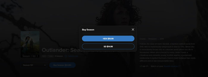 Outlander Season 1 Volume 1 Vudu Fandango at Home HDX Digital Code (2014) (Episodes 1-8 of Season 1)