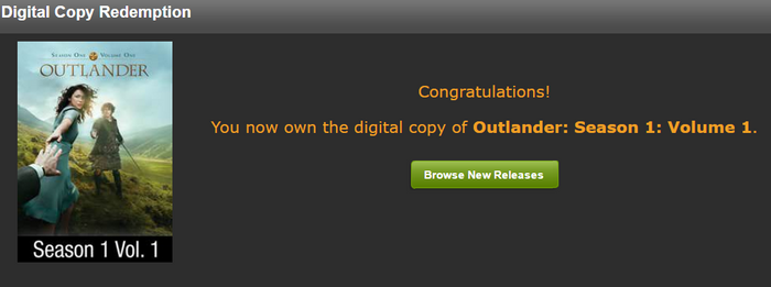 Outlander Season 1 Volume 1 Vudu Fandango at Home HDX Digital Code (2014) (Episodes 1-8 of Season 1)