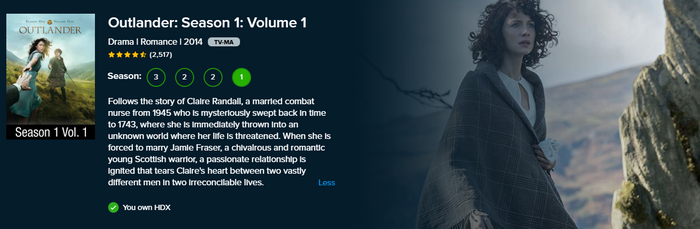 Outlander Season 1 Volume 1 Vudu Fandango at Home HDX Digital Code (2014) (Episodes 1-8 of Season 1)