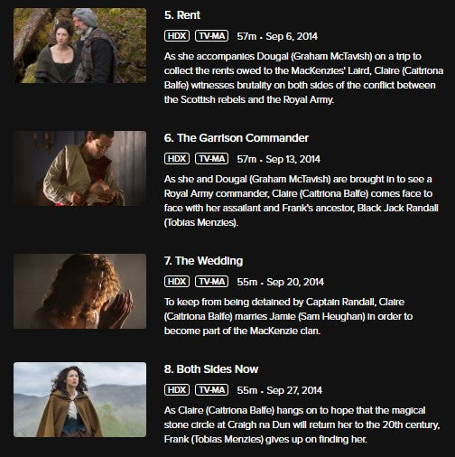 Outlander Season 1 Volume 1 Vudu Fandango at Home HDX Digital Code (2014) (Episodes 1-8 of Season 1)