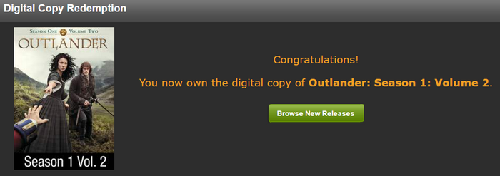 Outlander Season 1 Volume 2 Vudu Fandango at Home HDX Digital Code (2015) (Episodes 9-16 of Season 1)