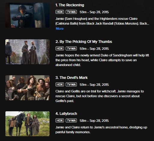 Outlander Season 1 Volume 2 Vudu Fandango at Home HDX Digital Code (2015) (Episodes 9-16 of Season 1)