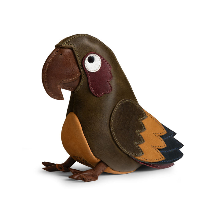 Tudi Frudi Parrot Pouch, a colorful parrot-shaped Full Grain Leather accessory case featuring Artisan Handmade in La Antigua Guatemala & Oaxaca Mexico craftsmanship, Small Batch Production, Hand Cut, Hand Sewn, and Fire Branded details by StockyardX.