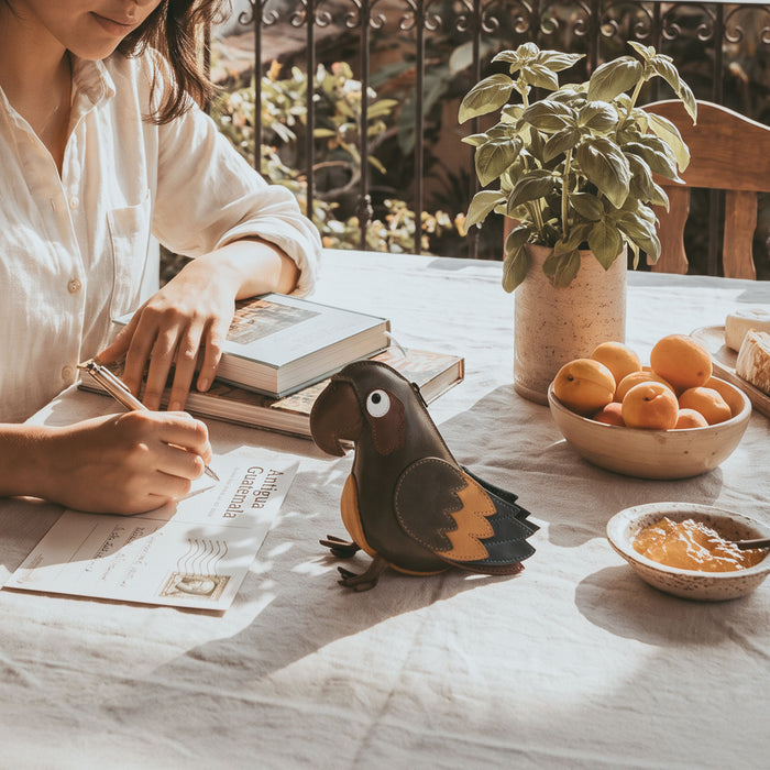 Tudi Frudi Parrot Pouch shown beside a handwritten letter, highlighting the Full Grain Leather Artisan design, Handmade in La Antigua Guatemala & Oaxaca Mexico through Small Batch Production, Hand Cut, Hand Sewn, and Fire Branded by StockyardX.